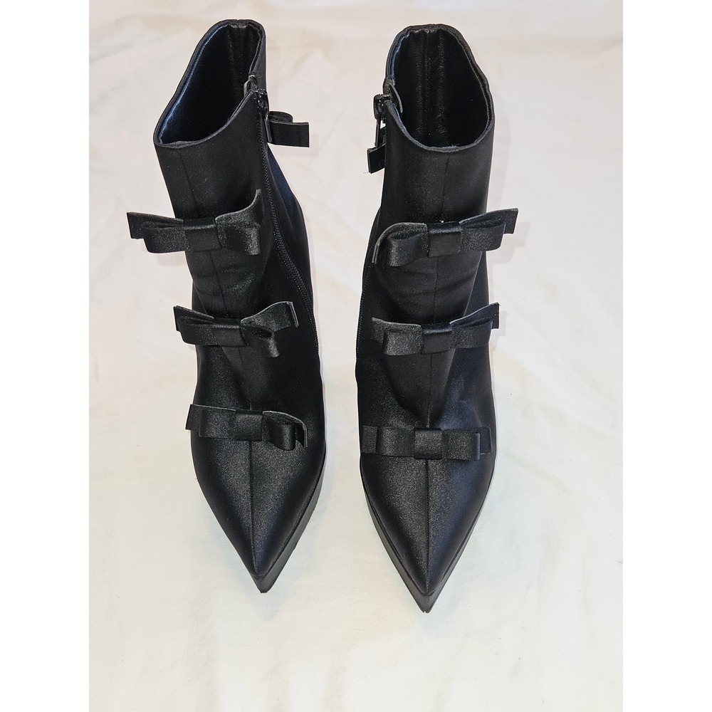 Dolls‎ Kill Mourning Belle Widow Heeled Black Satin Pointed Ankle Boots Bows 6M